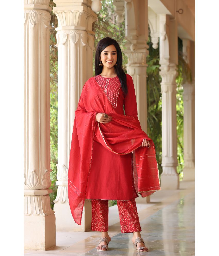     			Vaamsi Cotton Blend Embroidered Kurti With Pants Women's Stitched Salwar Suit - Red ( Pack of 1 )