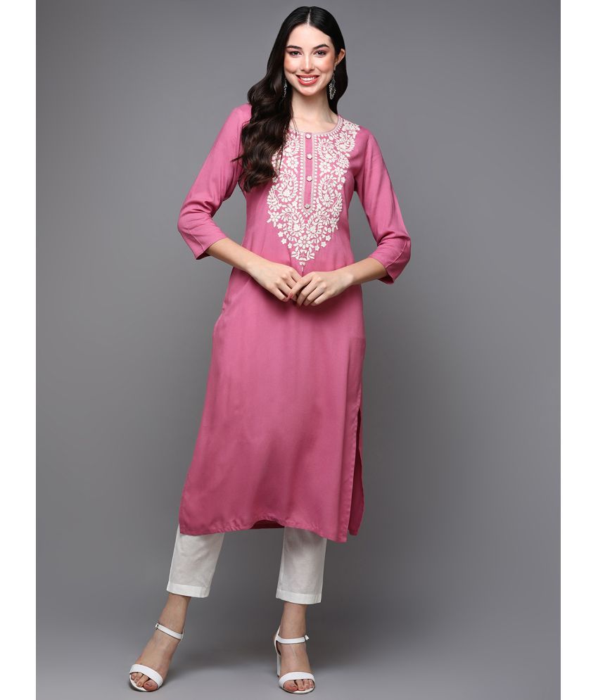     			Vaamsi Cotton Blend Embroidered Straight Women's Kurti - Pink ( Pack of 1 )