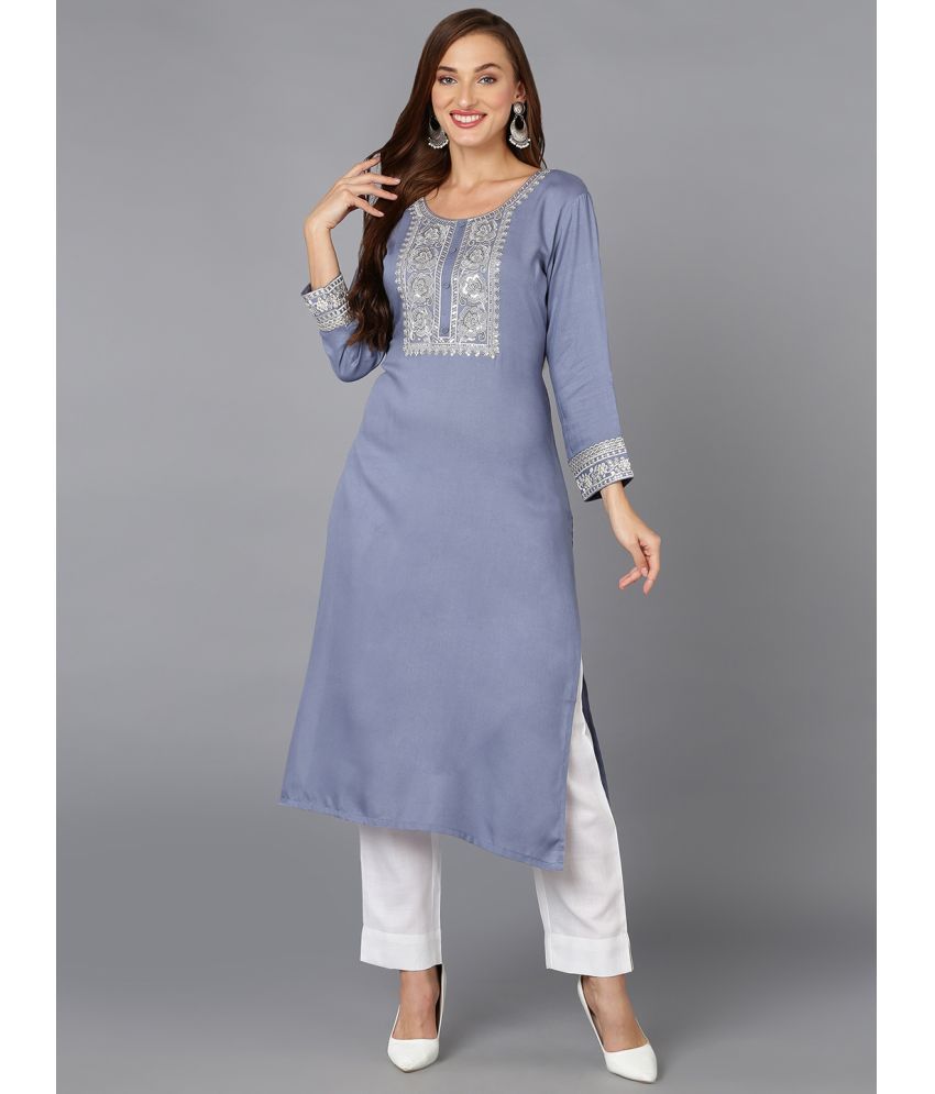     			Vaamsi Cotton Blend Embroidered Straight Women's Kurti - Blue ( Pack of 1 )