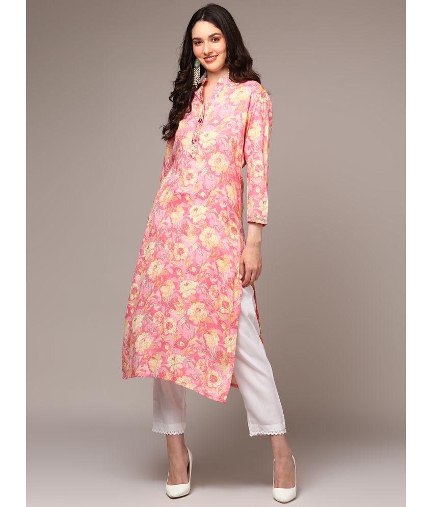     			Vaamsi Cotton Blend Printed Straight Women's Kurti - Pink ( Pack of 1 )