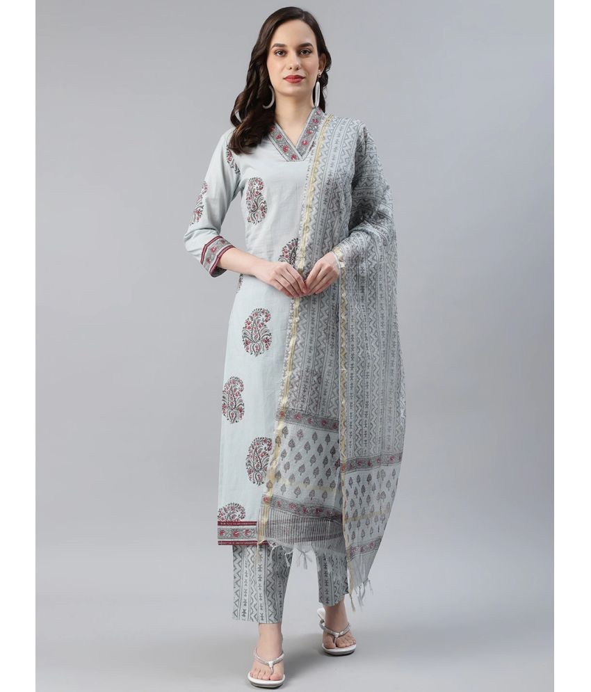     			Vaamsi Cotton Printed Kurti With Pants Women's Stitched Salwar Suit - Light Grey ( Pack of 1 )