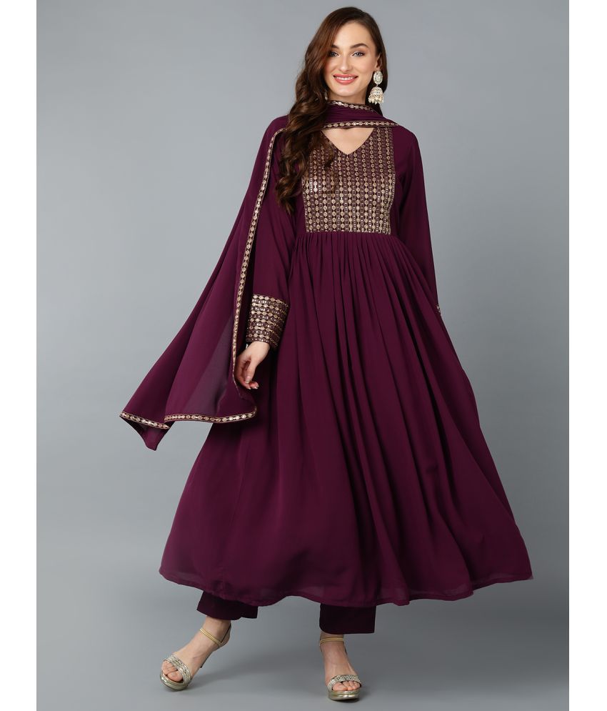     			Vaamsi Georgette Embroidered Kurti With Pants Women's Stitched Salwar Suit - Burgundy ( Pack of 1 )