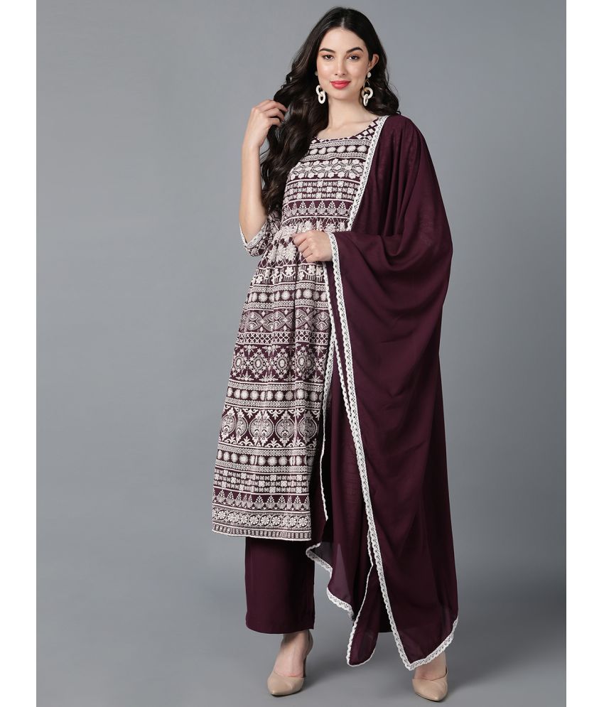     			Vaamsi Georgette Embroidered Kurti With Palazzo Women's Stitched Salwar Suit - Purple ( Pack of 1 )