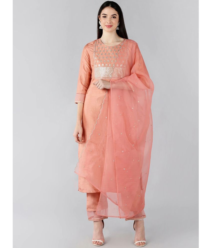     			Vaamsi Silk Blend Embroidered Kurti With Pants Women's Stitched Salwar Suit - Peach ( Pack of 1 )