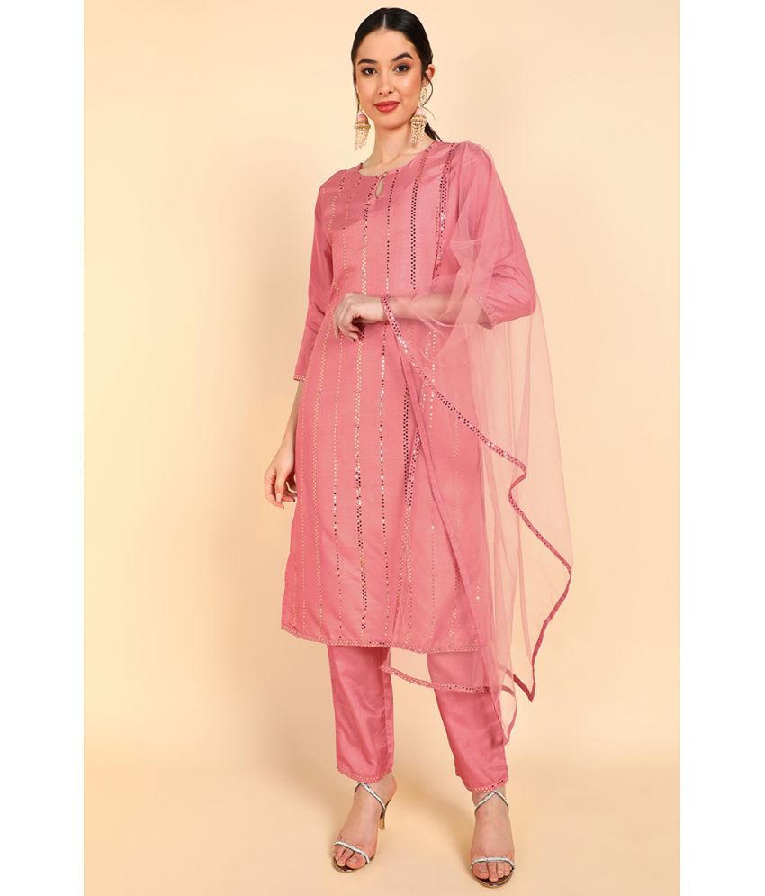     			Vaamsi Silk Blend Embroidered Kurti With Pants Women's Stitched Salwar Suit - Pink ( Pack of 1 )