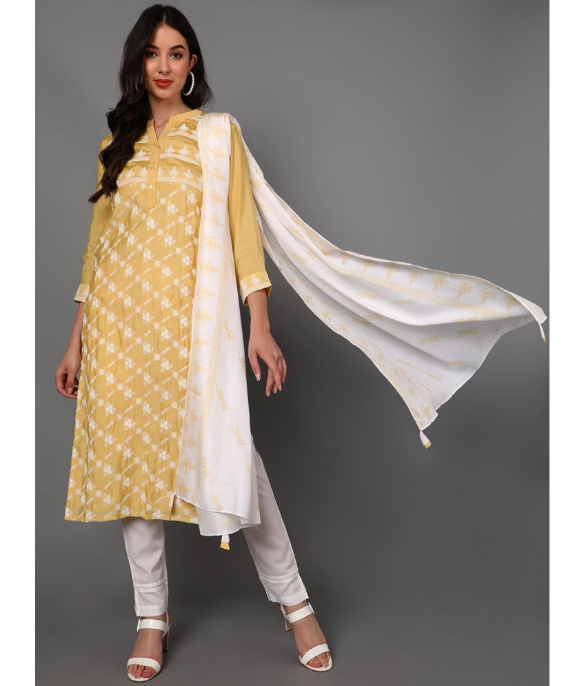     			Vaamsi Silk Blend Embroidered Kurti With Pants Women's Stitched Salwar Suit - Yellow ( Pack of 1 )