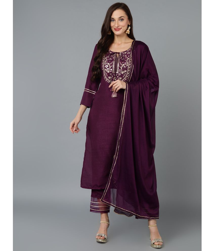     			Vaamsi Silk Blend Embroidered Kurti With Pants Women's Stitched Salwar Suit - Purple ( Pack of 1 )