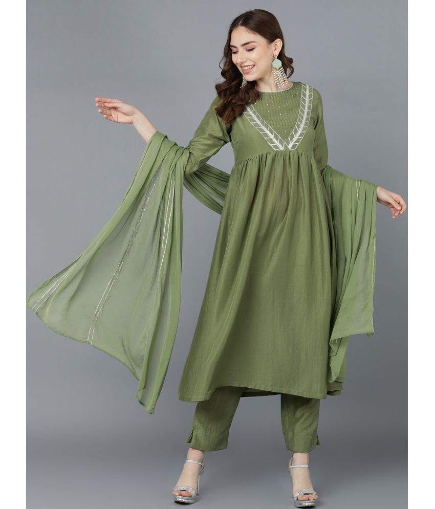     			Vaamsi Silk Blend Embroidered Kurti With Pants Women's Stitched Salwar Suit - Green ( Pack of 1 )