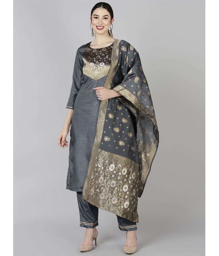     			Vaamsi Silk Blend Self Design Kurti With Pants Women's Stitched Salwar Suit - Light Grey ( Pack of 1 )