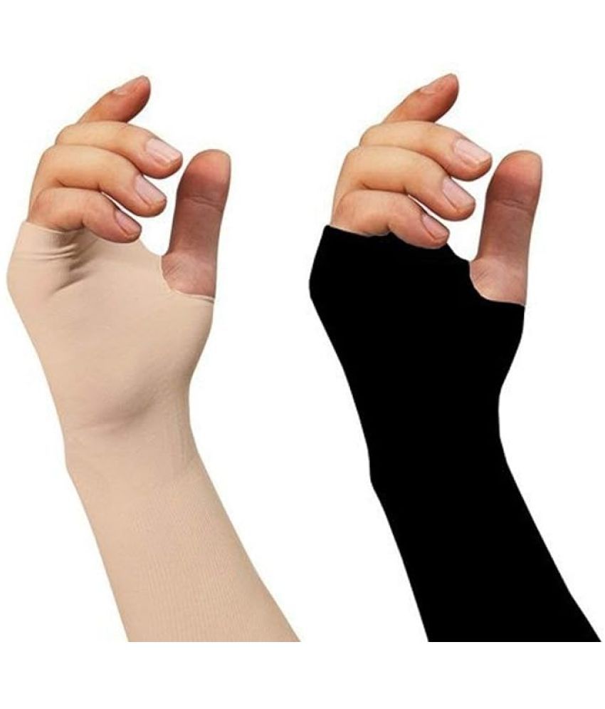     			Cotton Arm Sleeves For Sports Bikers Sun Protection Hand Cover With Thumb Hole For Girls Boys For Summer Season, 2 Pair, Black and Beige