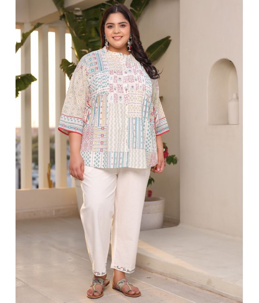     			Juniper Cotton Printed Ethnic Top With Pants Women's Stitched Salwar Suit - Off White ( Pack of 1 )
