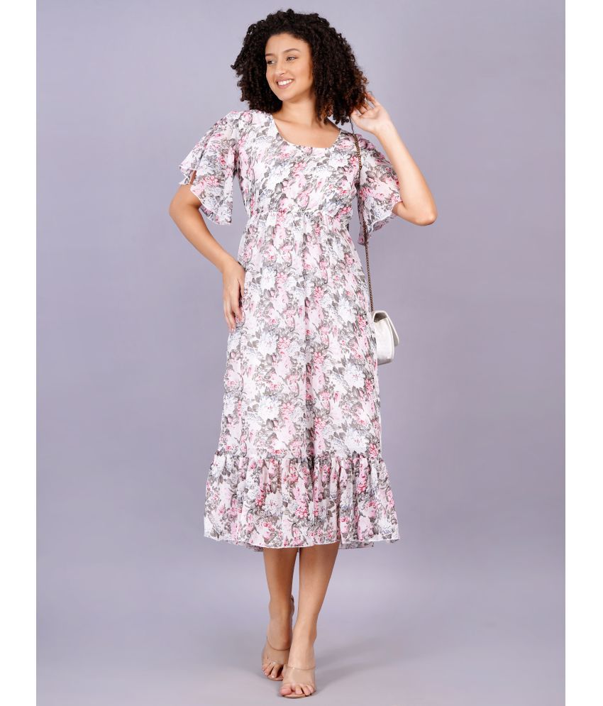     			Jyoti Georgette Printed Midi Women's Fit & Flare Dress - Pink ( Pack of 1 )