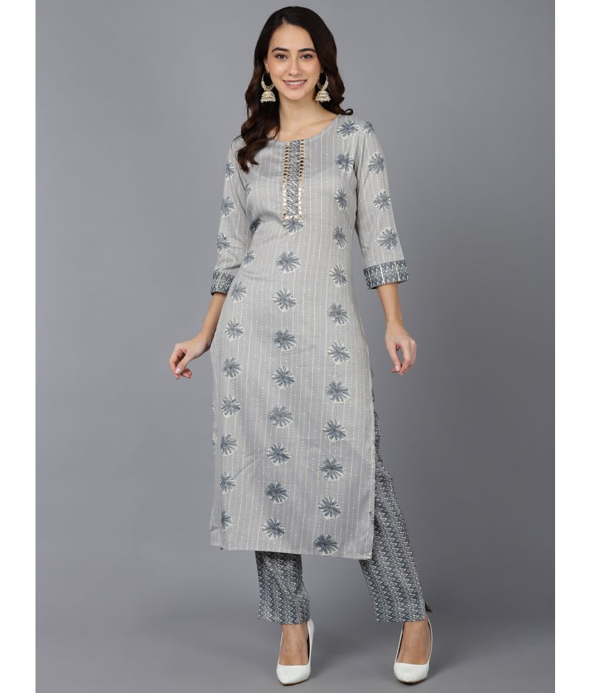     			Vaamsi Cotton Blend Printed Kurti With Pants Women's Stitched Salwar Suit - Light Grey ( Pack of 1 )