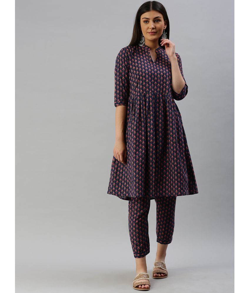     			Vaamsi Cotton Printed Kurti With Pants Women's Stitched Salwar Suit - Navy Blue ( Pack of 1 )