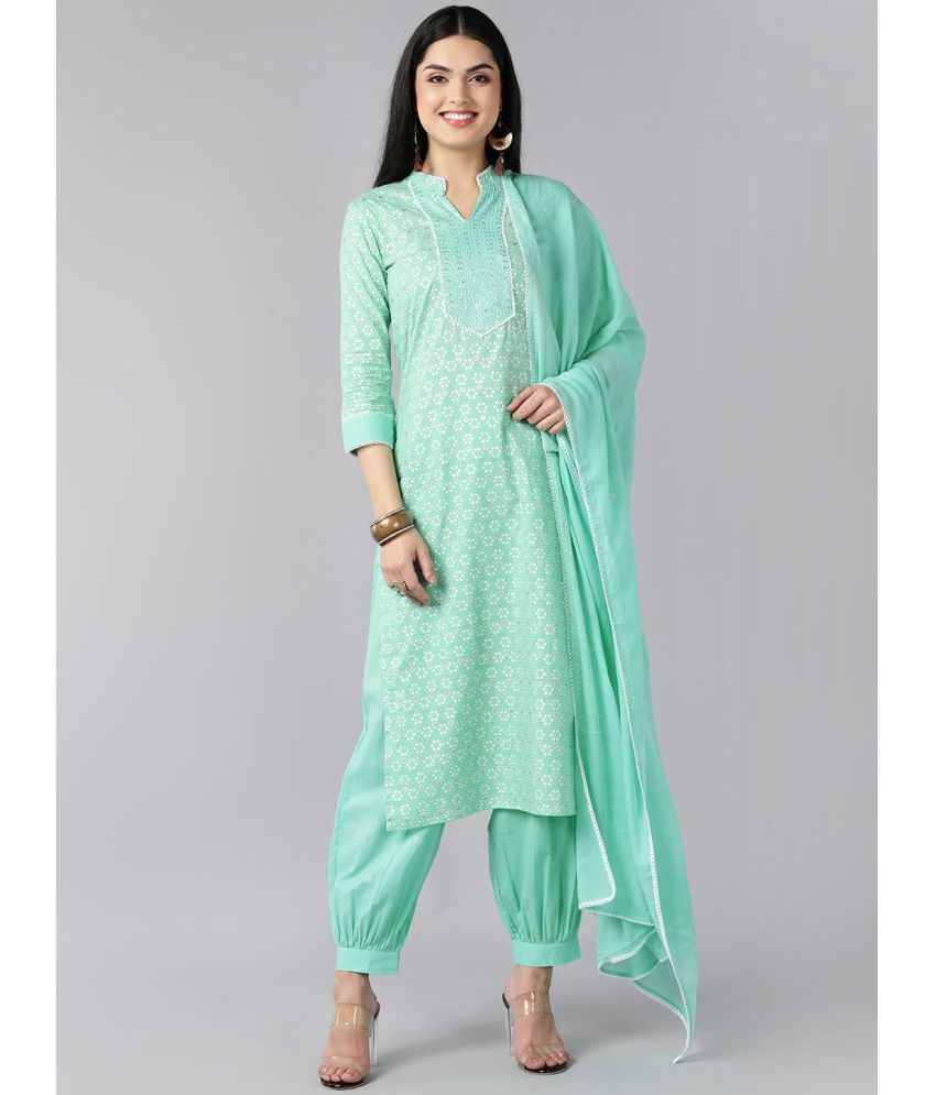     			Vaamsi Cotton Printed Kurti With Salwar Women's Stitched Salwar Suit - Sea Green ( Pack of 1 )