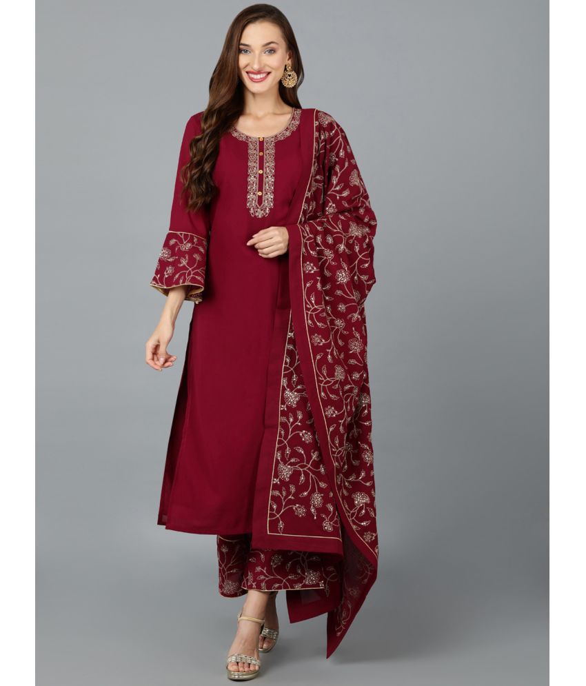     			Vaamsi Georgette Embroidered Kurti With Palazzo Women's Stitched Salwar Suit - Maroon ( Pack of 1 )