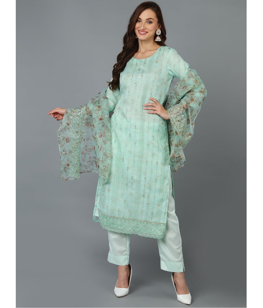     			Vaamsi Organza Embroidered Kurti With Pants Women's Stitched Salwar Suit - Sea Green ( Pack of 1 )