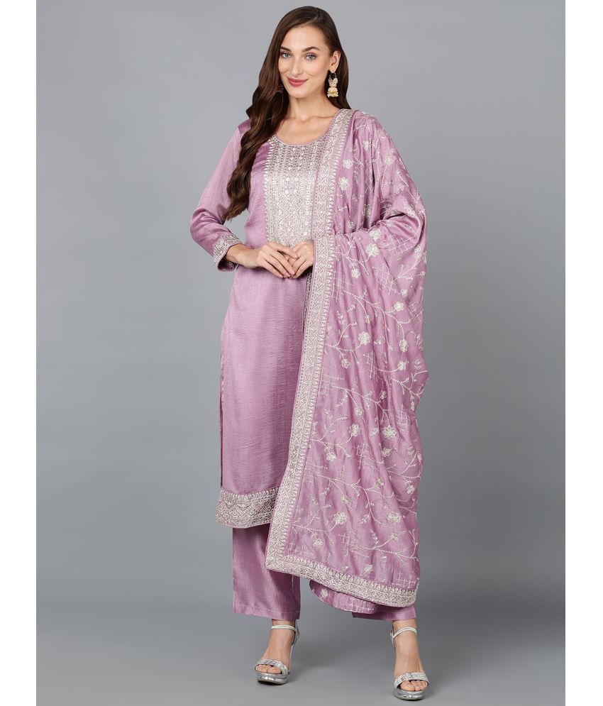     			Vaamsi Silk Blend Embroidered Kurti With Pants Women's Stitched Salwar Suit - Lavender ( Pack of 1 )