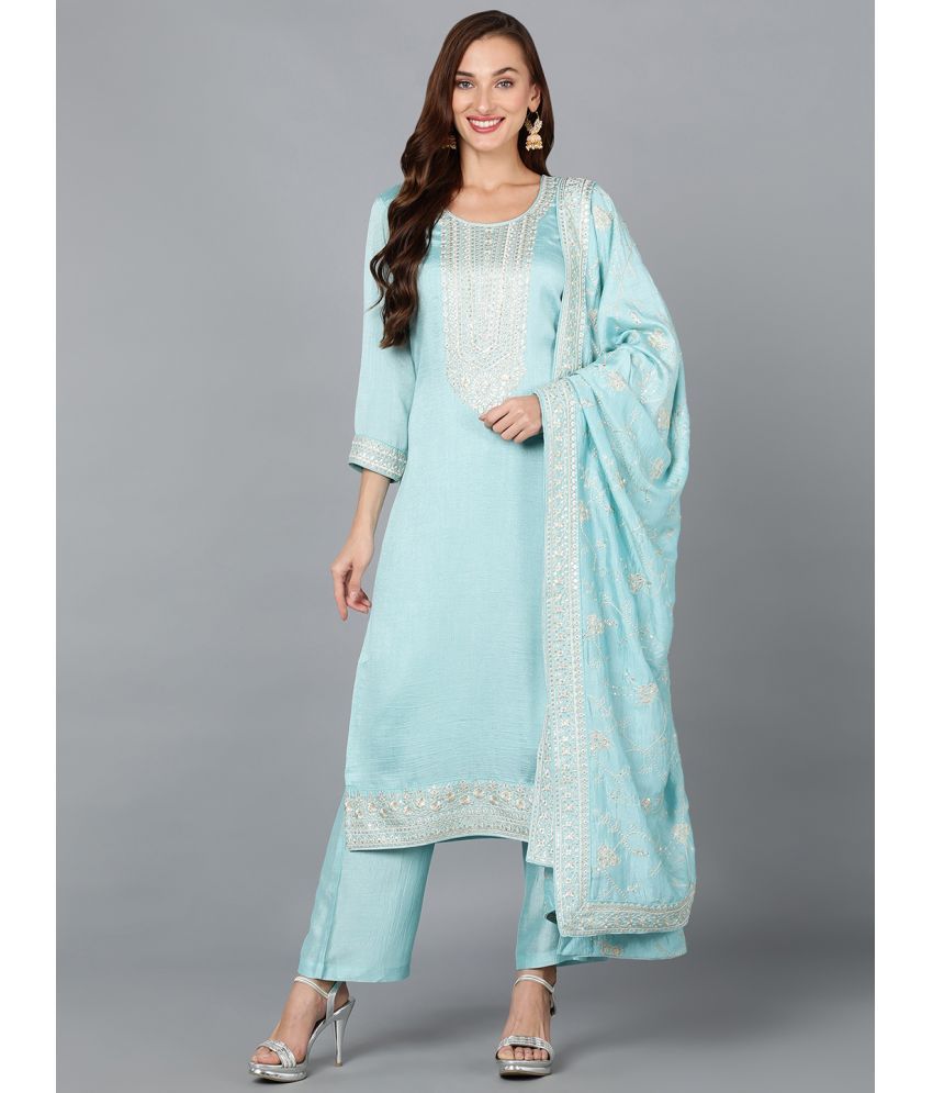     			Vaamsi Silk Blend Embroidered Kurti With Pants Women's Stitched Salwar Suit - Blue ( Pack of 1 )