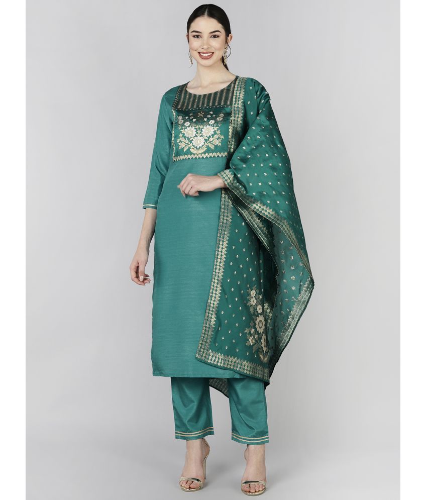     			Vaamsi Silk Blend Embroidered Kurti With Pants Women's Stitched Salwar Suit - Teal ( Pack of 1 )