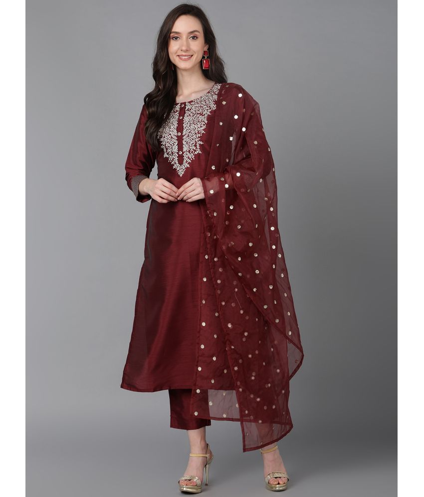     			Vaamsi Silk Blend Embroidered Kurti With Pants Women's Stitched Salwar Suit - Maroon ( Pack of 1 )