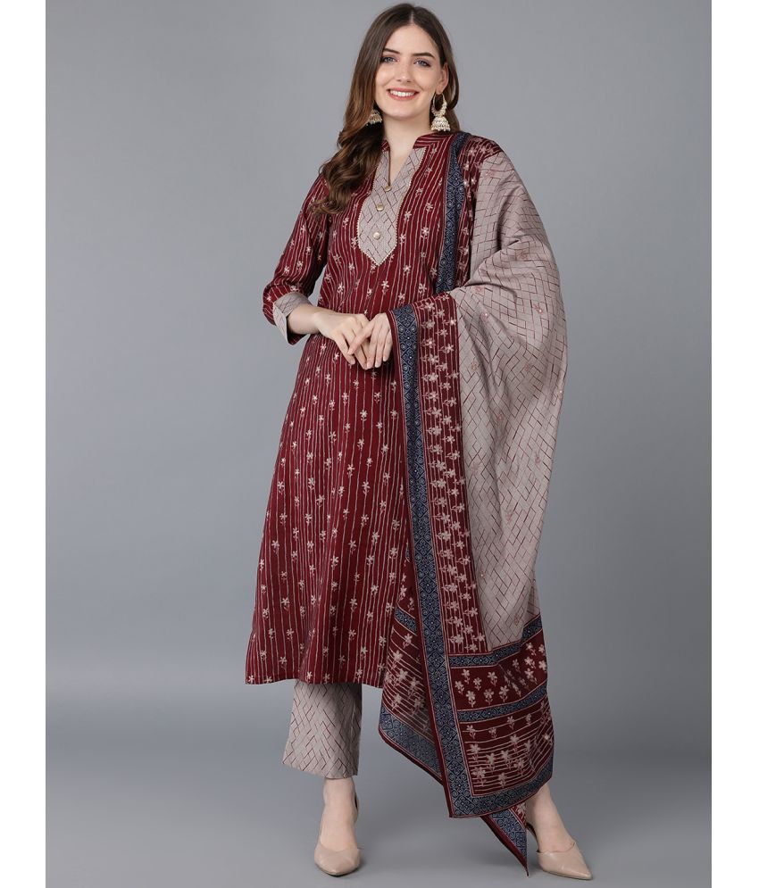     			Vaamsi Silk Blend Printed Kurti With Pants Women's Stitched Salwar Suit - Burgundy ( Pack of 1 )