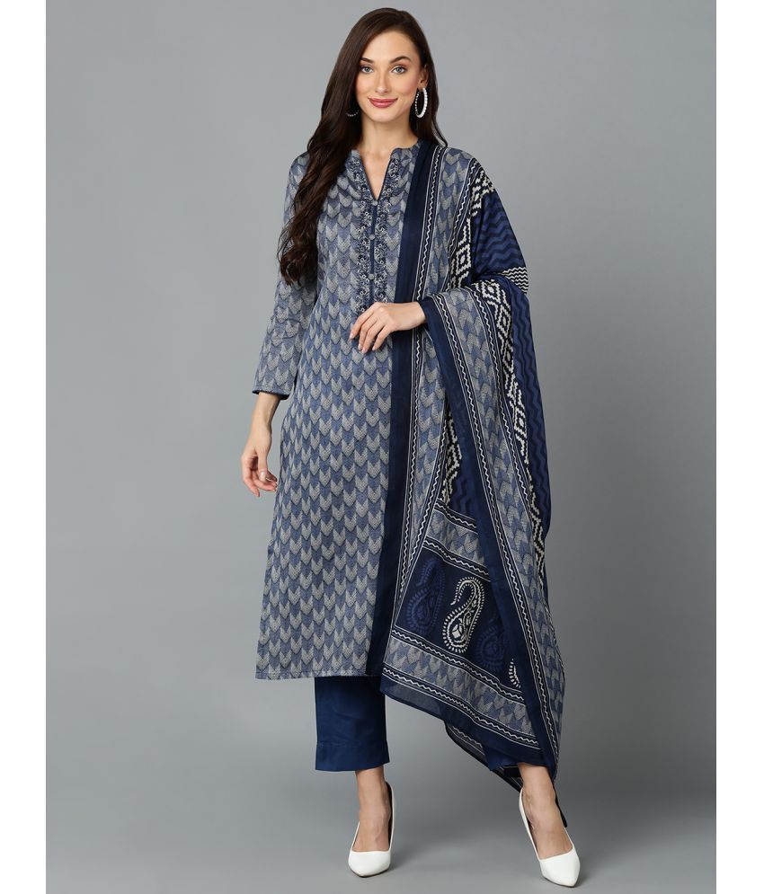     			Vaamsi Silk Blend Printed Kurti With Pants Women's Stitched Salwar Suit - Blue ( Pack of 1 )