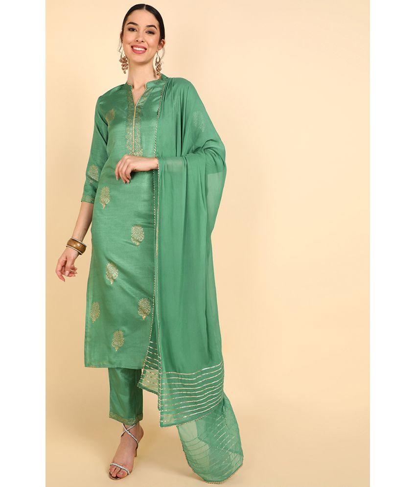     			Vaamsi Silk Blend Printed Kurti With Pants Women's Stitched Salwar Suit - Green ( Pack of 1 )