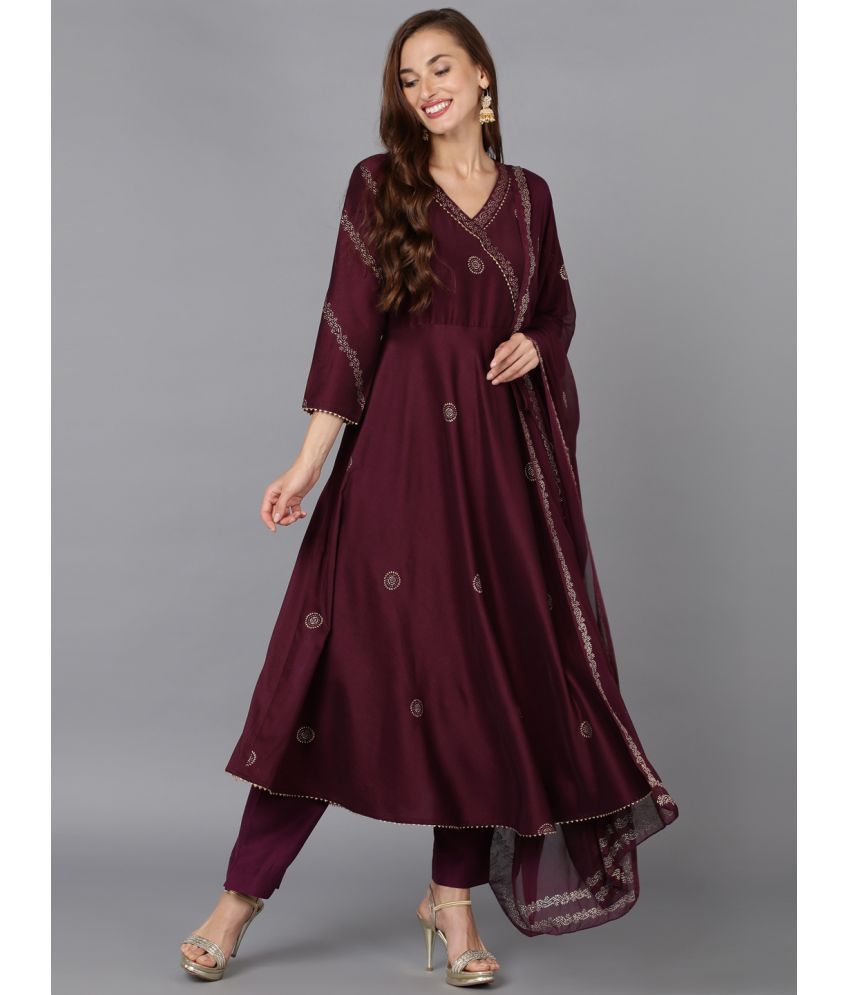     			Vaamsi Silk Blend Printed Kurti With Pants Women's Stitched Salwar Suit - Burgundy ( Pack of 1 )