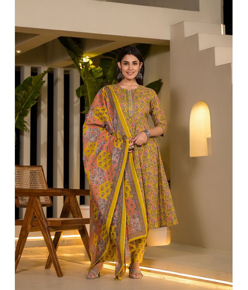     			Yufta Cotton Printed Kurti With Pants Women's Stitched Salwar Suit - Yellow ( Pack of 1 )