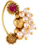 Vivastri Premium Gold Plated Nath Collection  With Beautiful & Luxurious Red Diamond Pearl Studded Maharashtraian Nath For Women & Girls-VIVA1178NTH-Press-Red