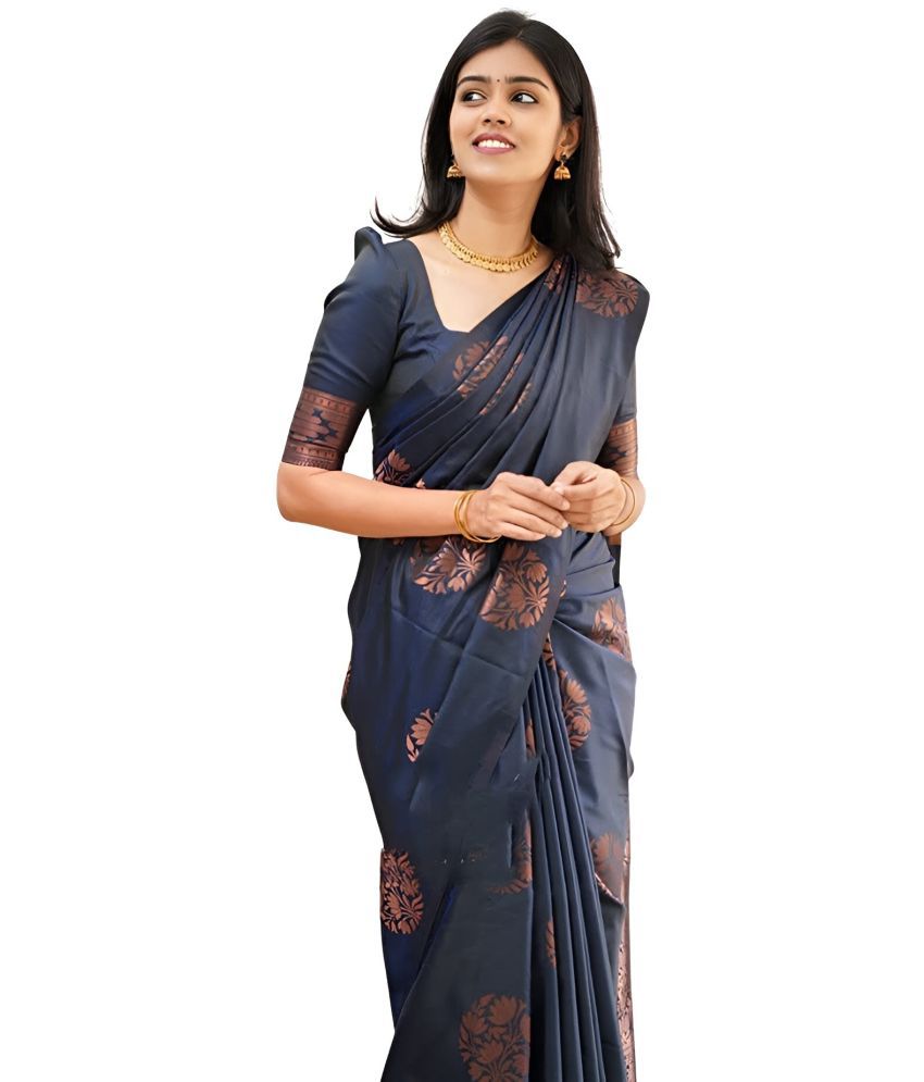     			Sidhidata Banarasi Silk Self Design Saree With Blouse Piece - Navy Blue ( Pack of 1 )