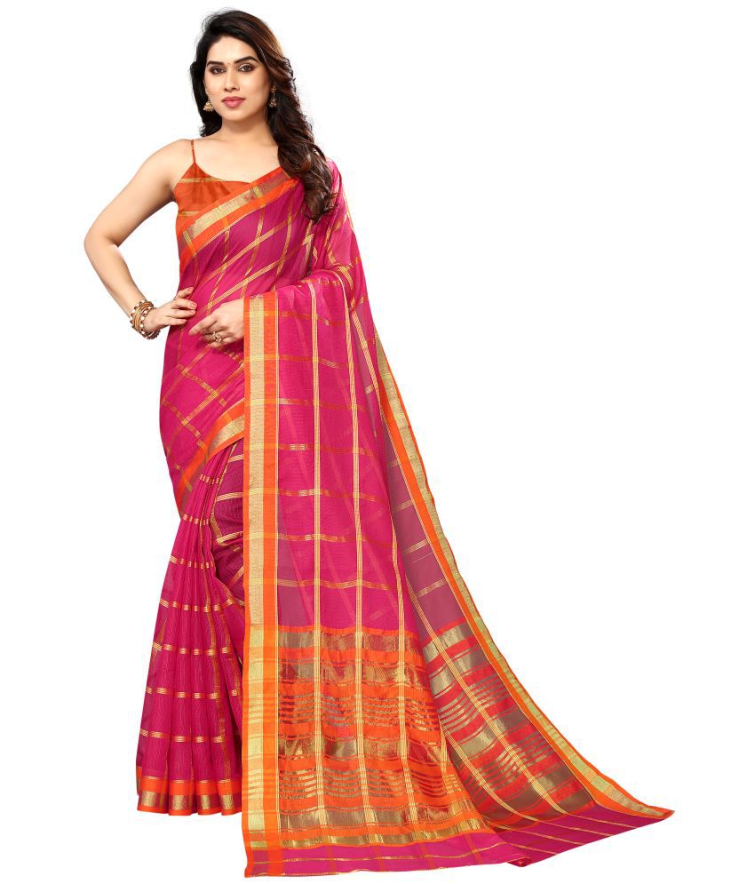     			Sidhidata Cotton Checks Saree With Blouse Piece - Pink ( Pack of 1 )