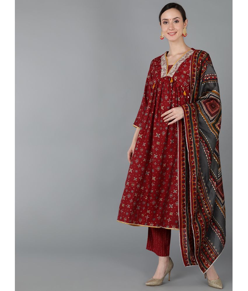     			Vaamsi Chanderi Embroidered Kurti With Pants Women's Stitched Salwar Suit - Maroon ( Pack of 1 )