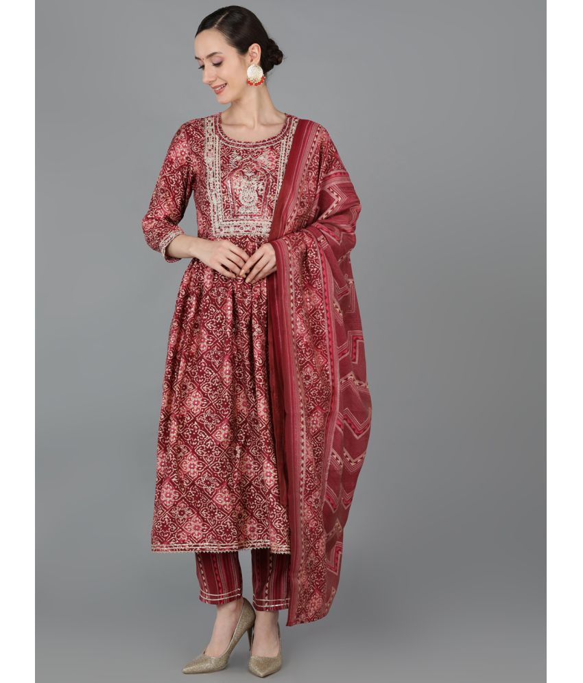     			Vaamsi Chanderi Embroidered Kurti With Pants Women's Stitched Salwar Suit - Maroon ( Pack of 1 )