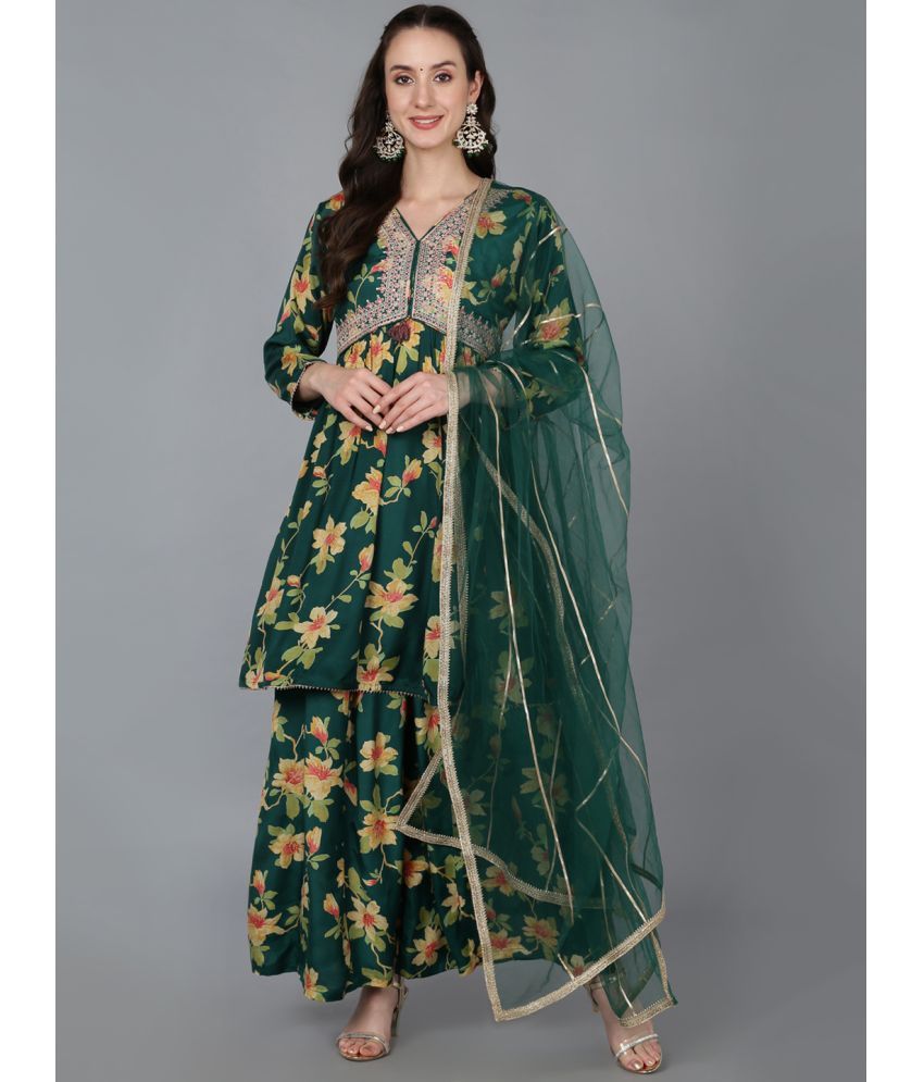     			Vaamsi Chanderi Embroidered Kurti With Pants Women's Stitched Salwar Suit - Green ( Pack of 1 )