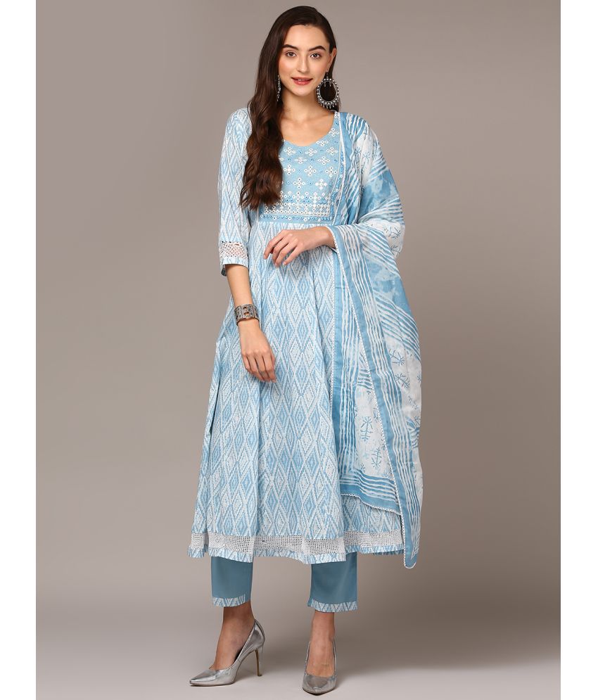     			Vaamsi Cotton Blend Embroidered Kurti With Pants Women's Stitched Salwar Suit - Blue ( Pack of 1 )