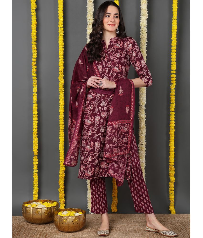     			Vaamsi Cotton Blend Printed Kurti With Pants Women's Stitched Salwar Suit - Maroon ( Pack of 1 )