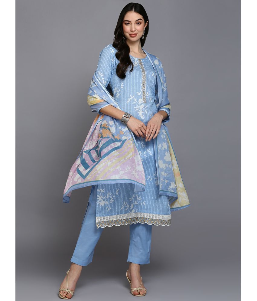     			Vaamsi Cotton Blend Printed Kurti With Pants Women's Stitched Salwar Suit - Blue ( Pack of 1 )