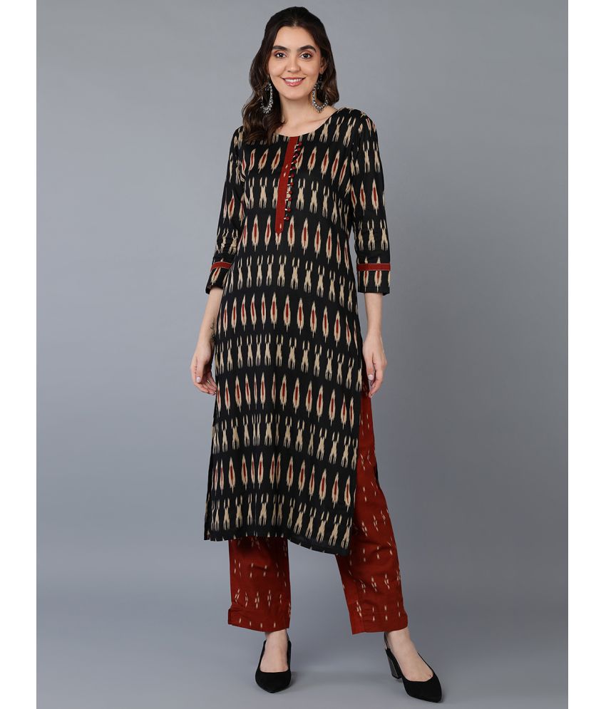     			Vaamsi Cotton Blend Printed Kurti With Pants Women's Stitched Salwar Suit - Black ( Pack of 1 )
