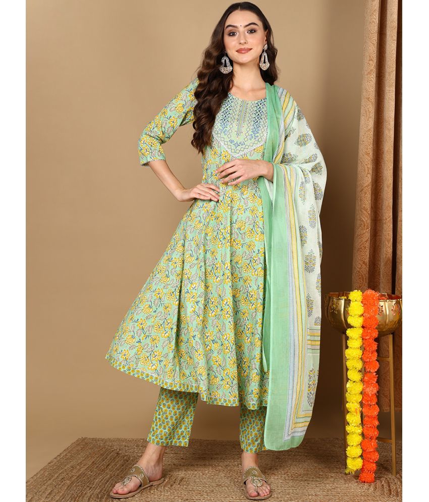     			Vaamsi Cotton Embroidered Kurti With Pants Women's Stitched Salwar Suit - Green ( Pack of 1 )