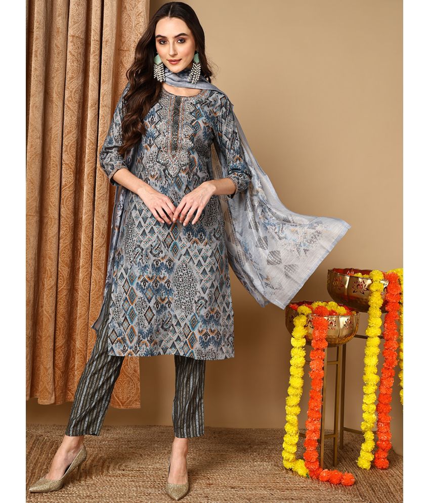     			Vaamsi Cotton Embroidered Kurti With Pants Women's Stitched Salwar Suit - Light Grey ( Pack of 1 )