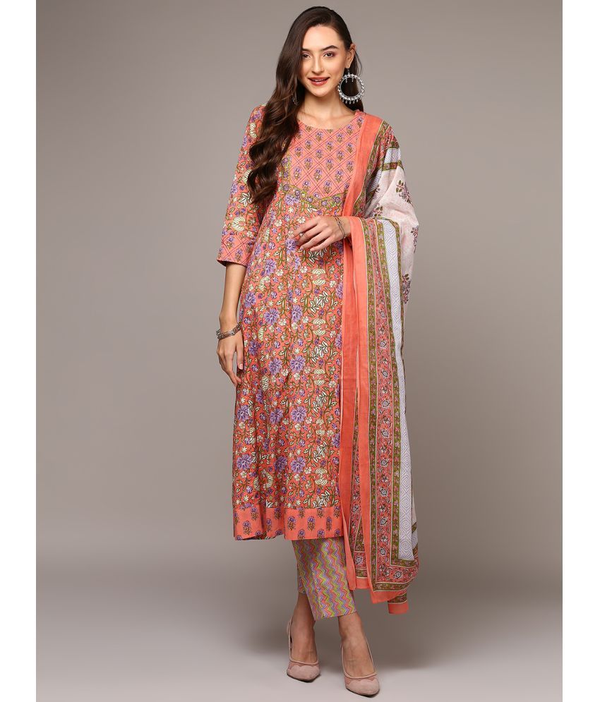     			Vaamsi Cotton Printed Kurti With Pants Women's Stitched Salwar Suit - Peach ( Pack of 1 )