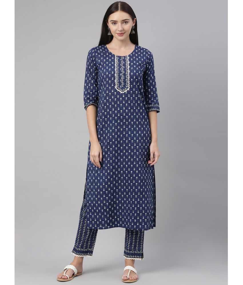     			Vaamsi Cotton Printed Kurti With Pants Women's Stitched Salwar Suit - Navy Blue ( Pack of 1 )