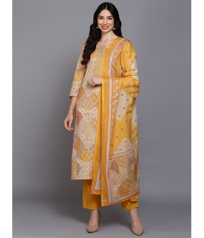     			Vaamsi Cotton Printed Kurti With Pants Women's Stitched Salwar Suit - Mustard ( Pack of 1 )