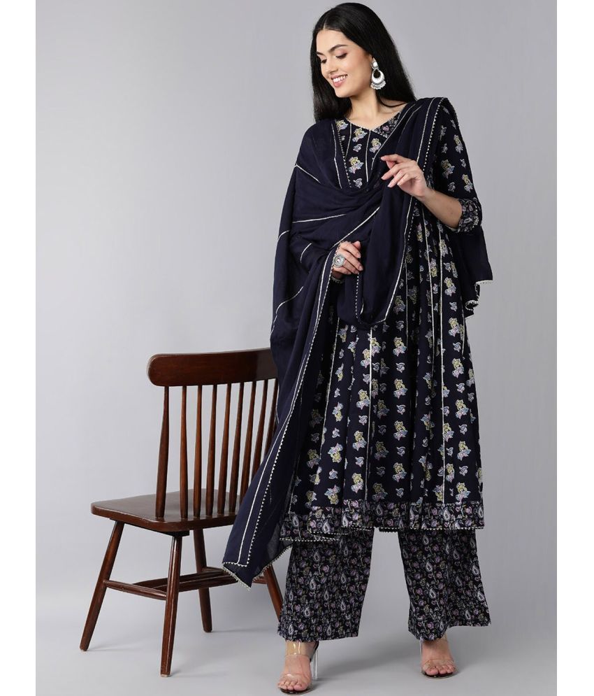     			Vaamsi Cotton Printed Kurti With Palazzo Women's Stitched Salwar Suit - Navy Blue ( Pack of 1 )