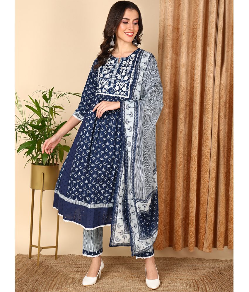     			Vaamsi Cotton Self Design Kurti With Pants Women's Stitched Salwar Suit - Blue ( Pack of 1 )