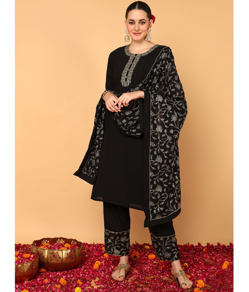     			Vaamsi Georgette Embroidered Kurti With Palazzo Women's Stitched Salwar Suit - Black ( Pack of 1 )