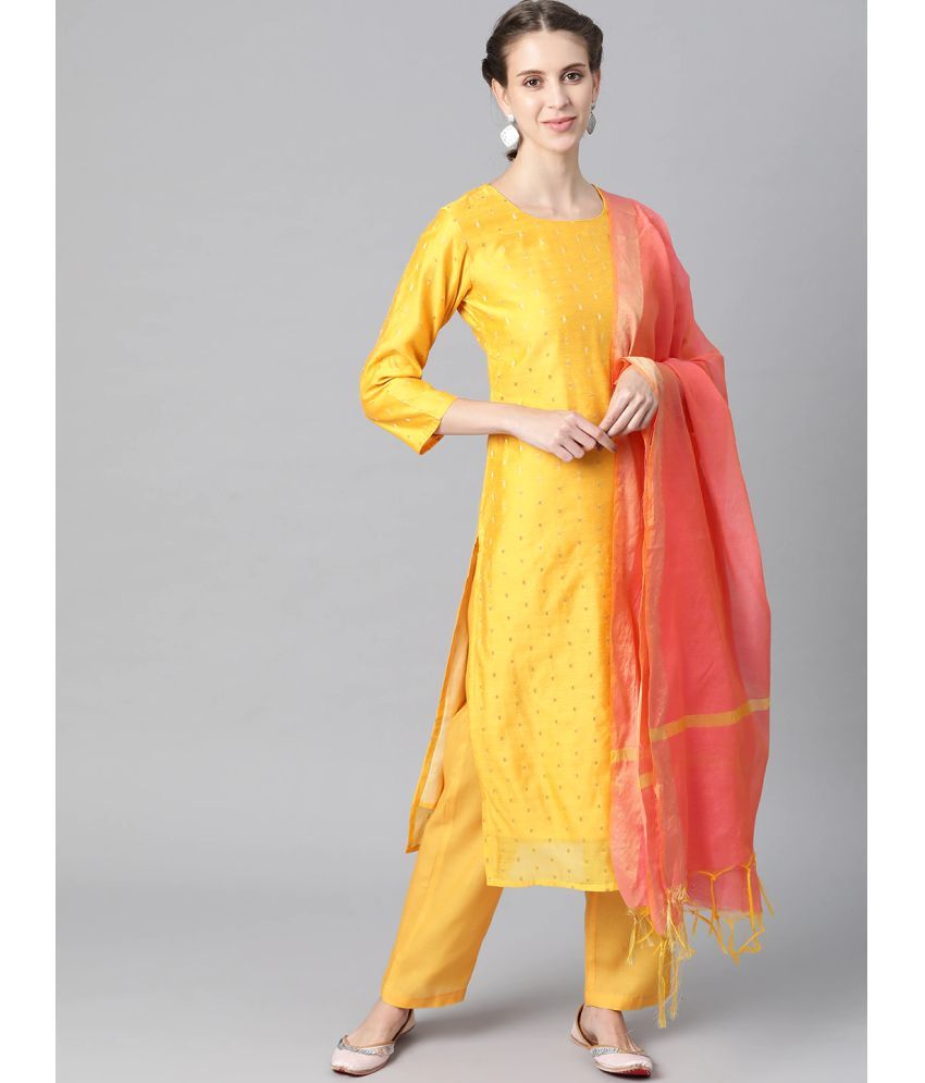     			Vaamsi Polyester Self Design Kurti With Pants Women's Stitched Salwar Suit - Yellow ( Pack of 1 )