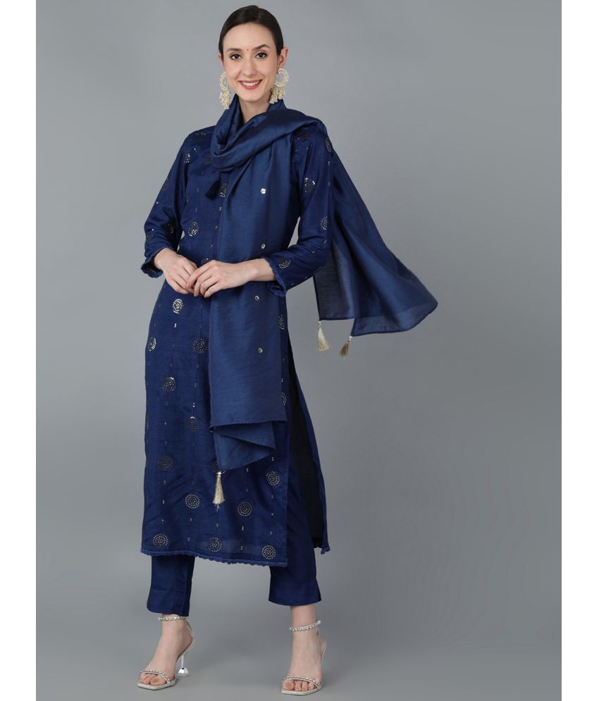     			Vaamsi Silk Blend Embroidered Kurti With Pants Women's Stitched Salwar Suit - Navy Blue ( Pack of 1 )